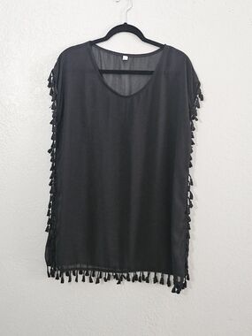 Sheer Black Tassel-Trim Swimsuit Coverup Tunic Womens Medium/Large